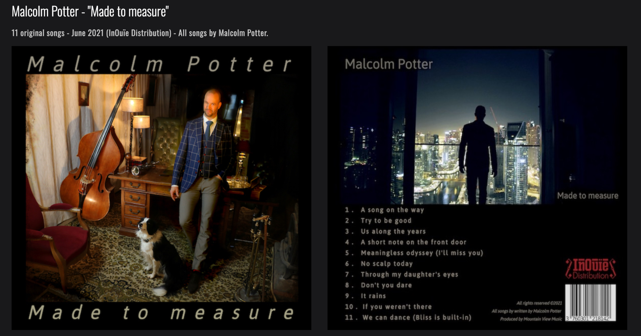 Made to Measure, album 2021 de Malcolm Potter, recto et verso
