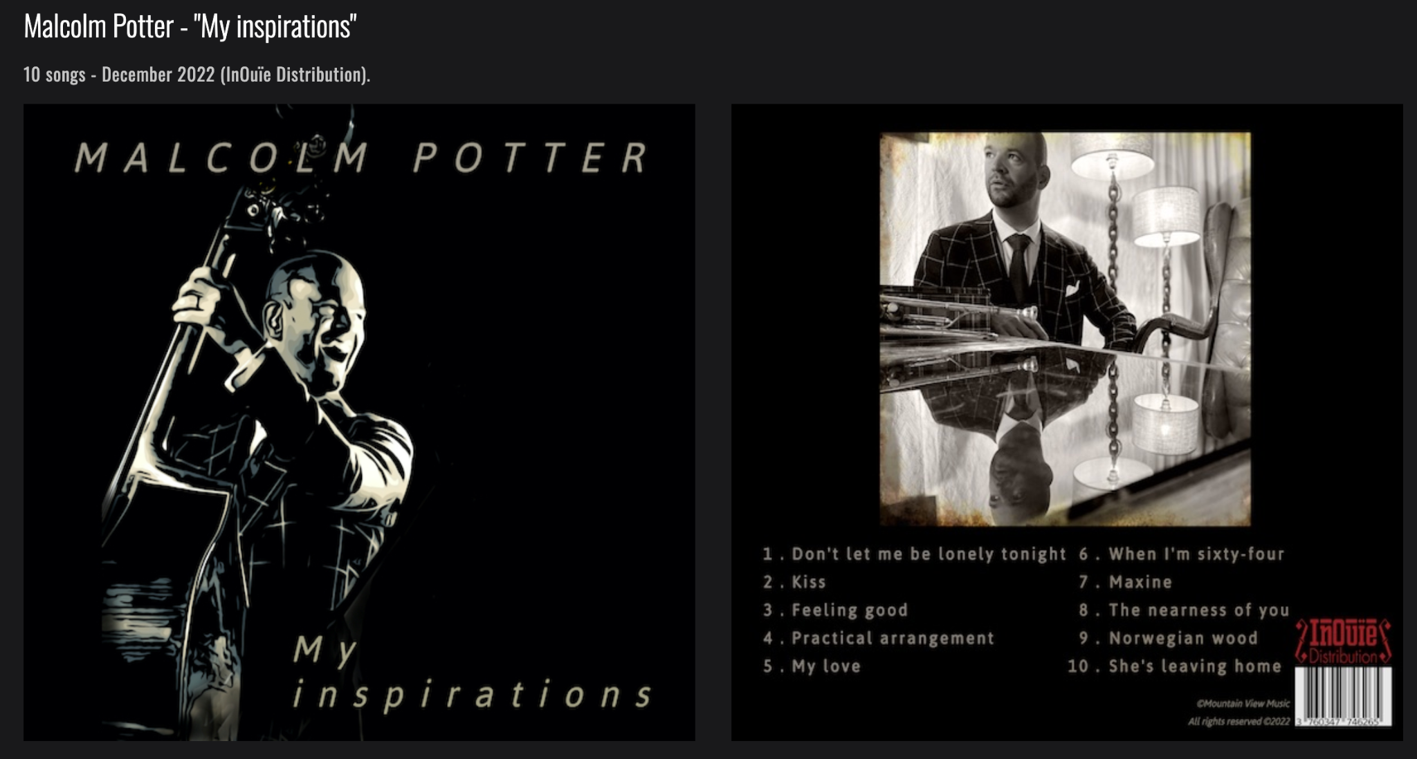 My Inspirations, album 2022 de Malcolm Potter, recto et verso
