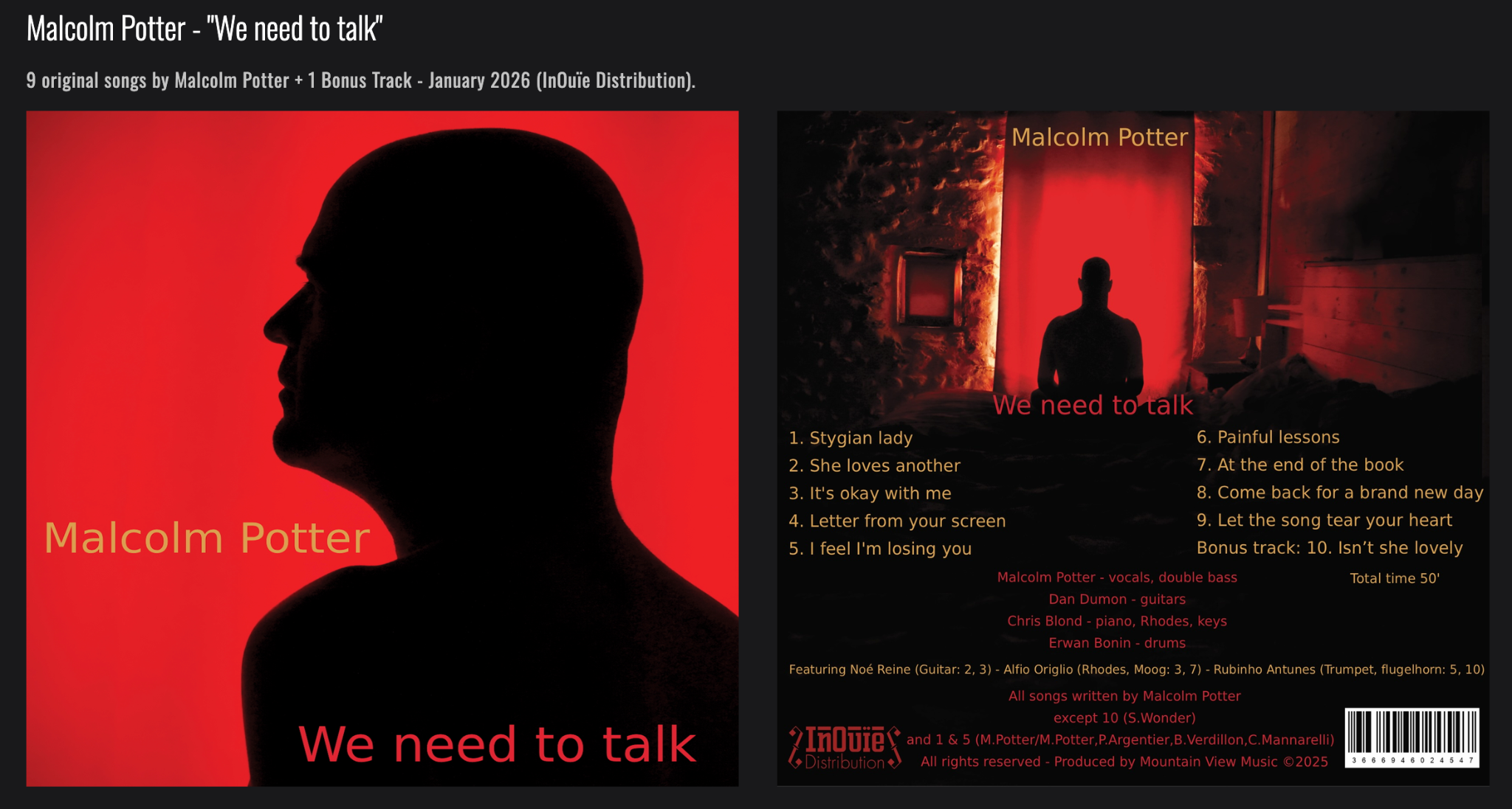 We Need to Talk, album 2026 de Malcolm Potter, recto et verso
